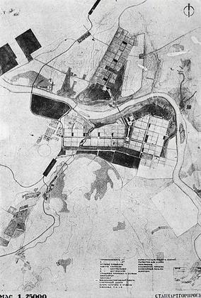 Рис. 8. Соцгород Щегловск (Кемерово). Вариант планировки. Стандартгорпроект. 1932-1934 гг. Источник: Планировка промышленных районов. НКТП СССР. Главстройпром. Промстройпроект. Сектор районной планировки. Работы 1932-1934 гг. М. 1934. – 64 с., С. 23.