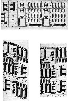 Рис. 10. Магнитогорск. Типовые схемы кварталы, привязанные к конкретному месту строительства. 1932. Стандартгорпроект. Арх. Э. Май и др. Источник: Май Э. К проекту генерального плана Магнитогорска // Советская архитектура. 1933. № 3. С. 23
